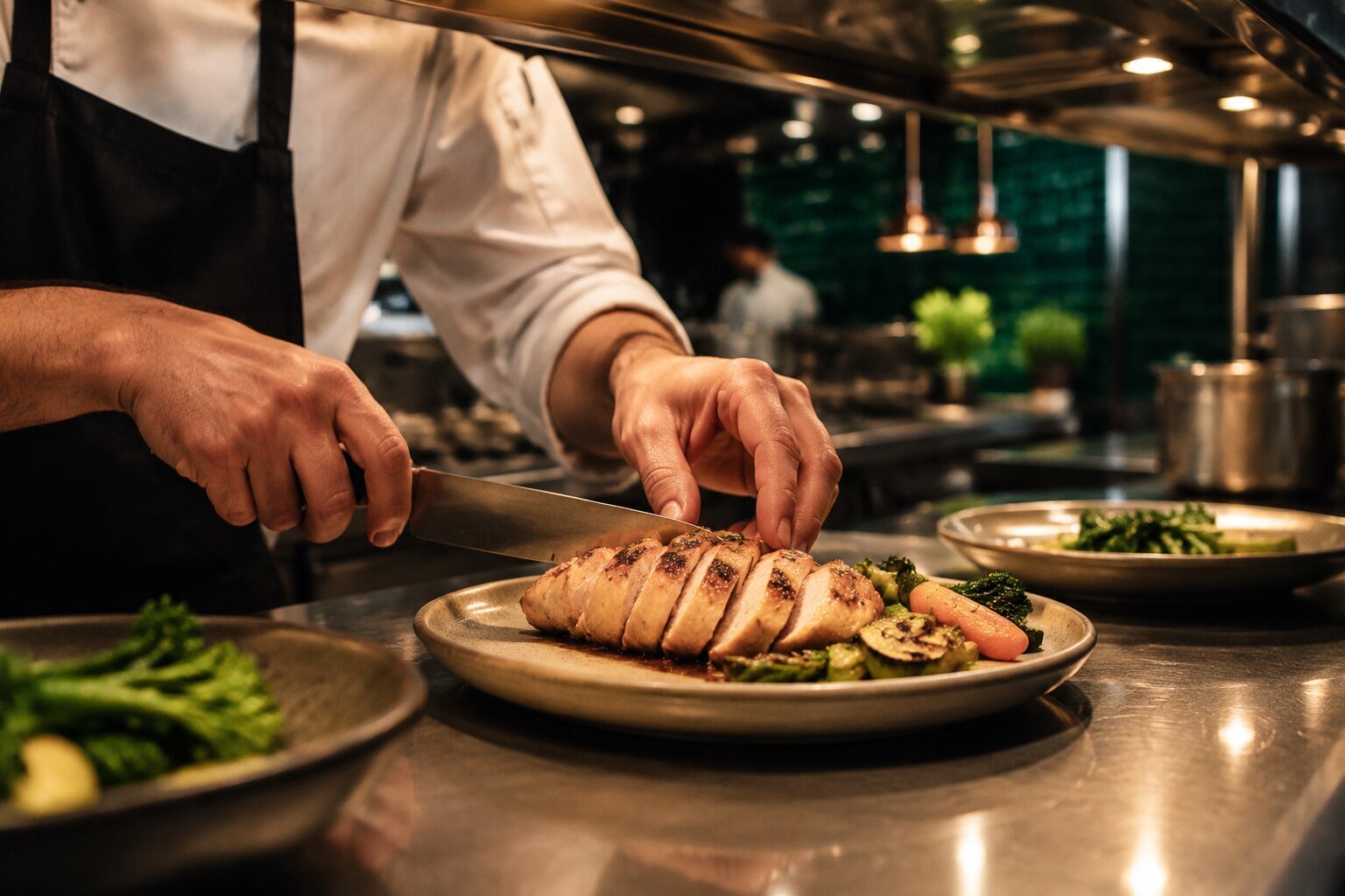 Chef die gegrilde kip snijdt en opmaakt in een professionele Europese keuken